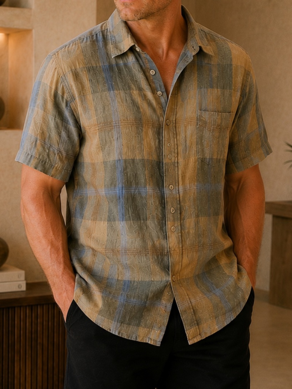 Lorenzini XXL Italian Linen Plaid Short Sleeve Shirt